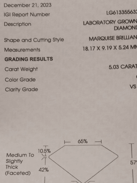 IGI Certified 5.03 ct. G VS1  Lab Grown Marquise Diamond - Image 3